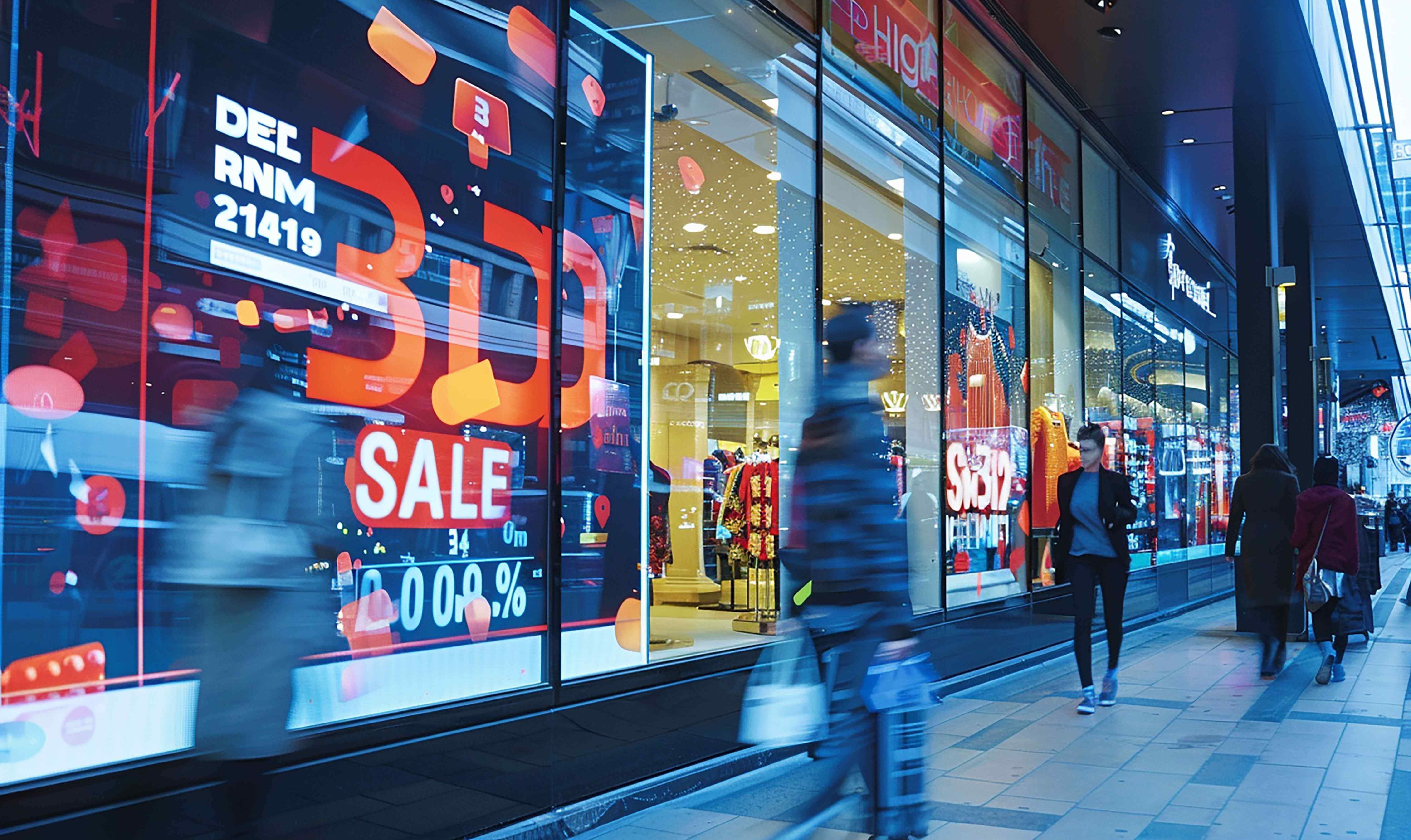 Storefront with digital sale signage, representing the 24/7 shopping culture and global retail trends.